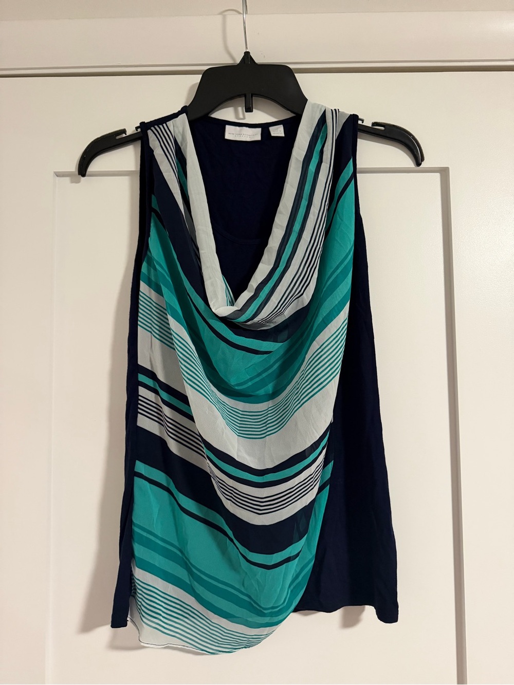 New York & Co Blouse XS Navy Turquoise White Stripe Drape Sleeveless Stretch Top